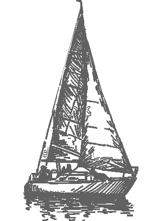 The image is a black and white sketch of a sailing boat with its sails hoisted, shown on water.