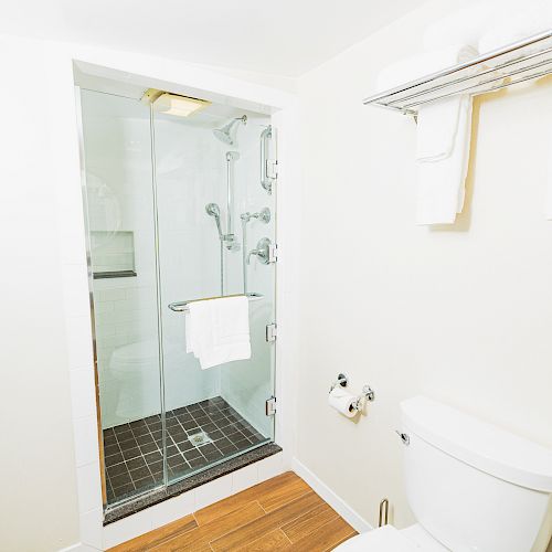 The image shows a bathroom with a glass-enclosed shower, a toilet, and towels hanging on a wall-mounted rack in a bright, clean setting.