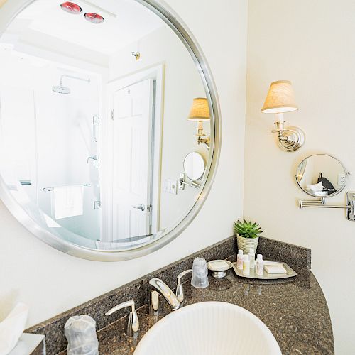 A bathroom with a round mirror, sink, faucet, and countertop accessories, including a plant. A wall lamp and a reflection of a shower are visible.