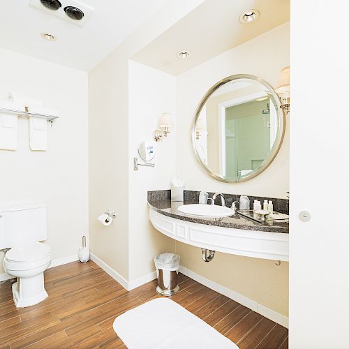 A clean bathroom features a toilet, a large mirror, a sink with a countertop, wall-mounted towels, and various amenities on a wooden floor.