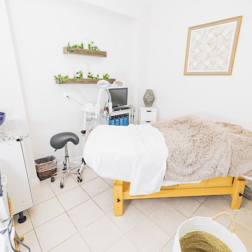 A cozy room with a massage table, a stool, shelves with plants, a framed picture, and various equipment, likely used for spa or therapy treatments.