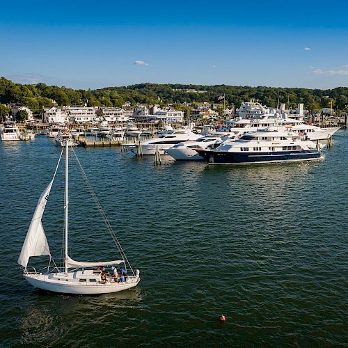 A sailboat is gliding in the foreground, with several large yachts docked at a marina in the background, surrounded by lush greenery and clear skies.