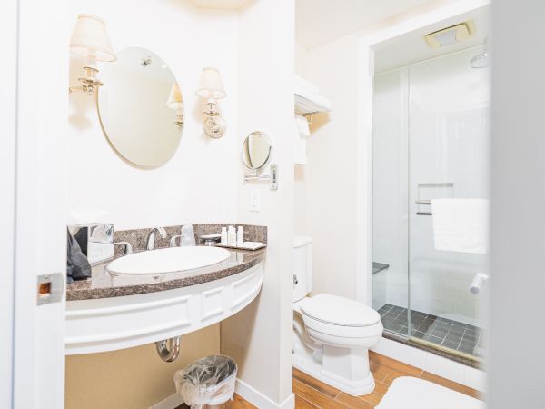 This image depicts a clean, well-lit bathroom featuring a round mirror, sink with a granite countertop, toilet, and a glass-enclosed shower.