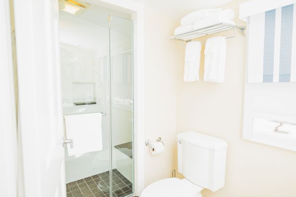 A clean bathroom with a glass-enclosed shower, a toilet, towel rack with towels, and a window with striped blinds is shown in the image.