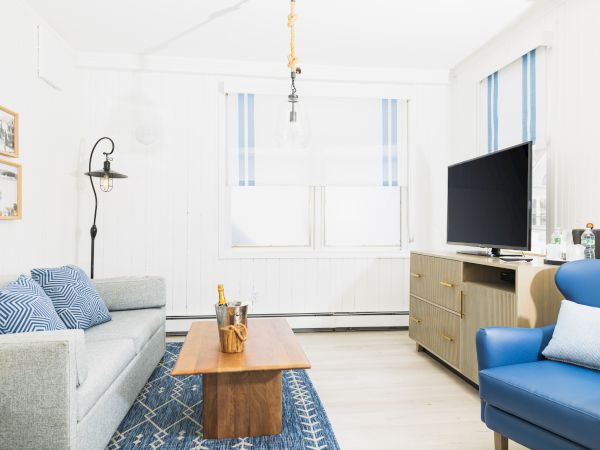A cozy living room with a sofa, armchair, TV, and coffee table on a blue rug, decorated in a light, modern style.