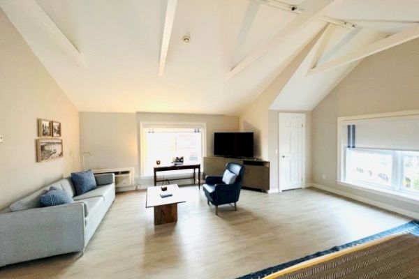 A spacious living room with a sofa, armchair, coffee table, and TV. Light-colored walls and flooring with large windows providing ample natural light.