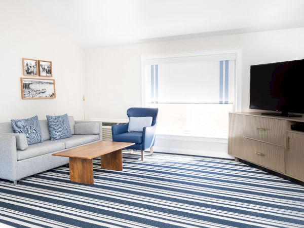 Bright living room with a grey sofa, blue armchair, striped rug, wood coffee table, TV on a cabinet, and framed photos.