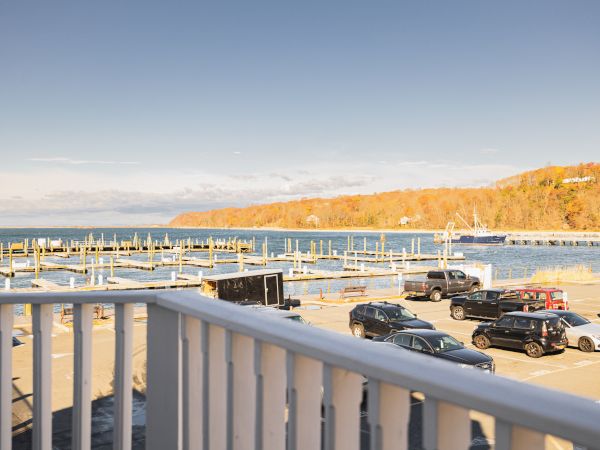 A view of a parking lot with several cars, adjacent to a marina with empty boat slips, and a scenic backdrop of a wooded shoreline and serene water.