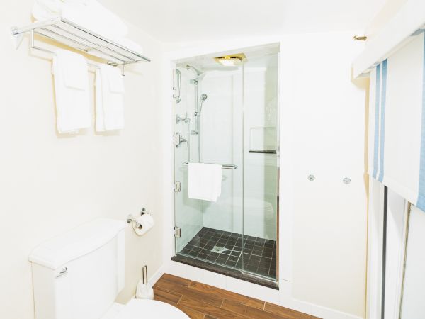 The image shows a clean bathroom with a glass-door shower, white towels on a rack, a toilet, and a window with blue and white striped curtains.