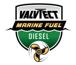 A ValvEct Marine Fuel Diesel logo badge with a shield and propeller icon, in green and white colors.