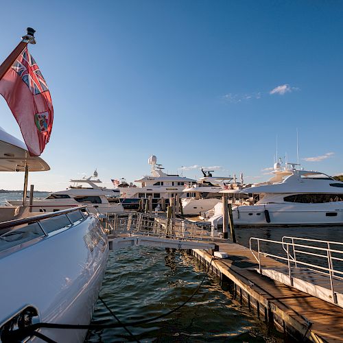 The image shows several luxury yachts docked at a marina under a clear blue sky, with a flag visible on one of the yachts.