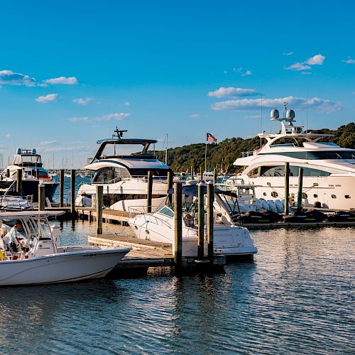 Boats docked at a marina with a clear blue sky and some clouds, surrounded by calm water and greenery in the background.