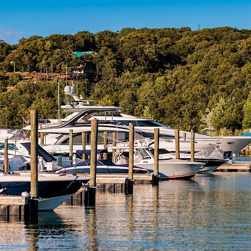 A marina with several boats docked, surrounded by calm water and lush green trees in the background under a blue sky, ending the sentence.