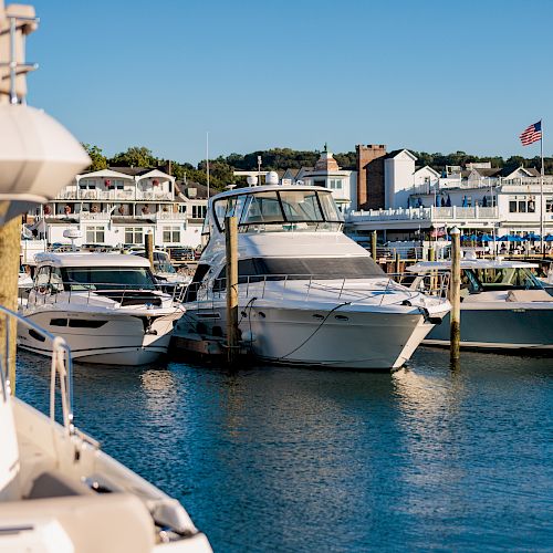 The image depicts a marina with several boats docked and buildings in the background, under a clear blue sky, ending the sentence.