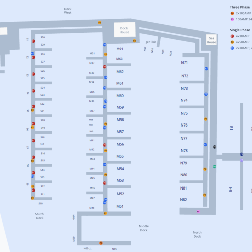 This image is a marina map indicating various dock locations, their power outlets, and parking. Boat dock numbers and types of power outlets are marked.