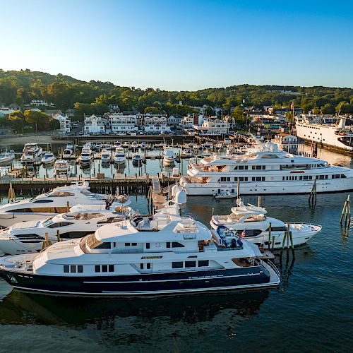 A serene marina with luxury yachts docked, surrounded by calm waters and a quaint coastal town in the background during daylight hours.