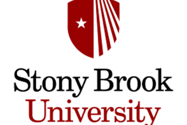 The image shows the logo of Stony Brook University, featuring a red shield with a white star and lines, along with the university's name below it.