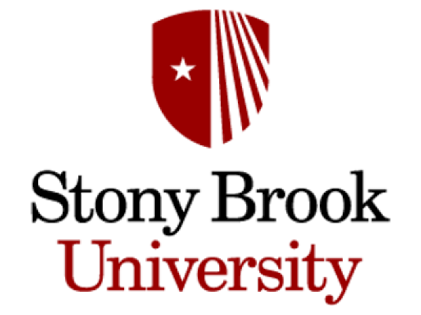 The image shows the logo of Stony Brook University, featuring a red shield with a white star and lines, along with the university's name below it.
