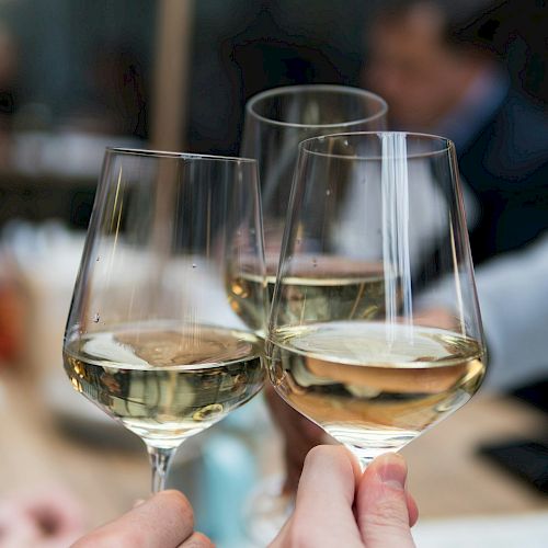 The image shows several people toasting with glasses of white wine in a social setting, likely celebrating or enjoying an event together.