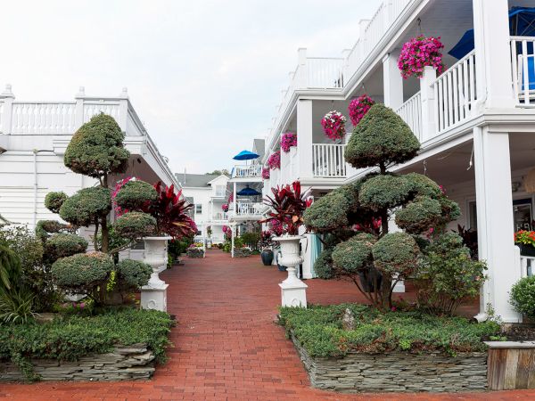 A neat courtyard of white buildings with brick paths, trimmed trees, and potted flowers along a sunny walkway.