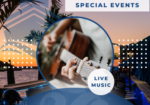 An event announcement for Ferryman's Grille, featuring live music. The image showcases a person playing guitar and a scenic view of a marina at sunset.