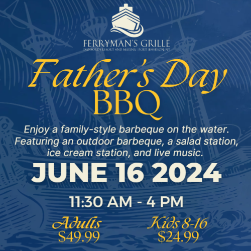 This image is an advertisement for a Father's Day BBQ event on June 16, 2024, from 11:30 AM to 4 PM. Adults $49.99, kids 8-16 $24.99.