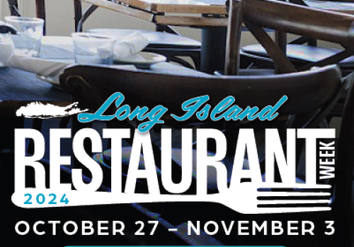 The image is an advertisement for Long Island Restaurant Week 2024, running from October 27 to November 3, featuring a $46 3-course prix-fixe menu.