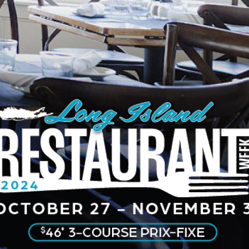 The image is an advertisement for Long Island Restaurant Week 2024, running from October 27 to November 3, featuring a $46 3-course prix-fixe menu.