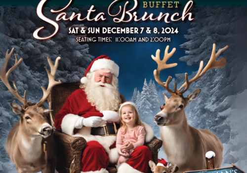 The image promotes the Charles Dickens Festival Santa Brunch on December 7 & 8, 2014, featuring Santa with two children and four reindeer in a snowy setting.