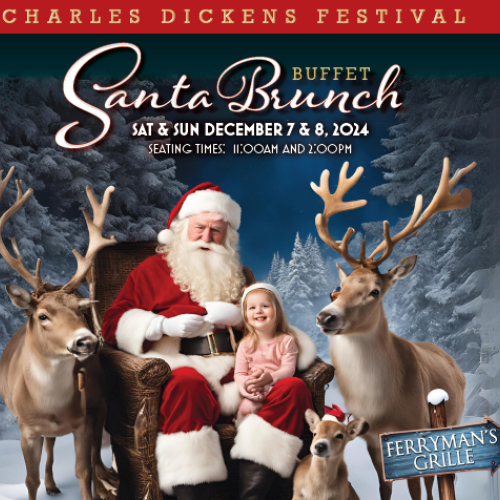 The image promotes the Charles Dickens Festival Santa Brunch on December 7 & 8, 2014, featuring Santa with two children and four reindeer in a snowy setting.