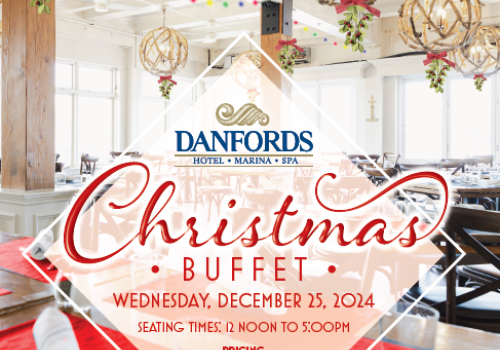 The image shows an advertisement for a Christmas Buffet at Danfords Hotel, Marina & Spa on December 25, 2014, with seating from 12 noon to 5:00 pm.