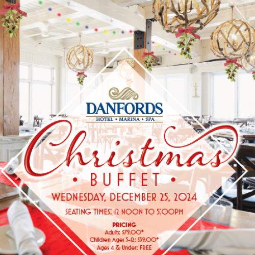 The image shows an advertisement for a Christmas Buffet at Danfords Hotel, Marina & Spa on December 25, 2014, with seating from 12 noon to 5:00 pm.