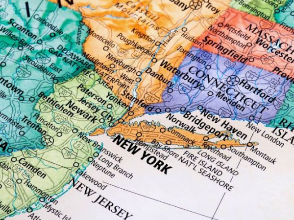 A colorful map showing parts of New York, New Jersey, Connecticut, Pennsylvania, and surrounding areas in the northeastern United States.