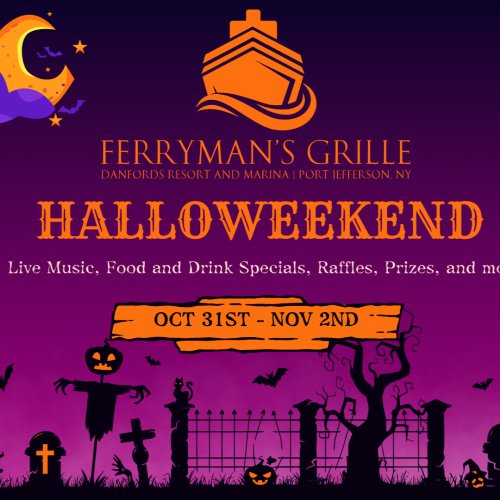 Halloween-themed event poster for “Halloweekend” at Ferryman’s Grille, featuring festivities from Oct 31st to Nov 2nd.