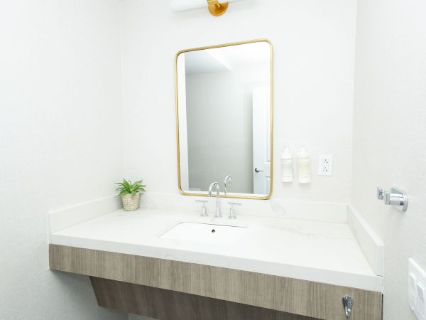 Bright modern bathroom with a gold-framed mirror above a white sink and chrome faucets, plus skincare bottles and a small plant.
