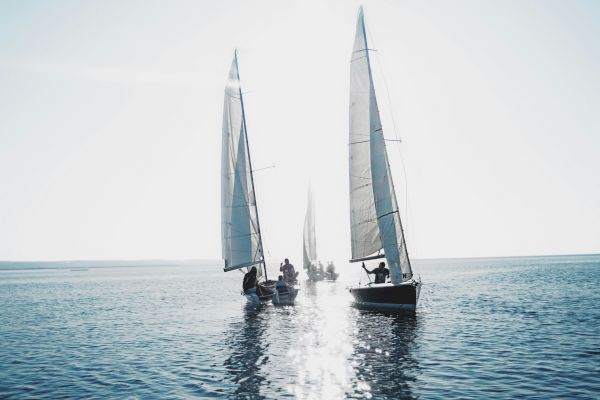 The image shows several sailboats on a calm body of water with sunlight reflecting off the surface.