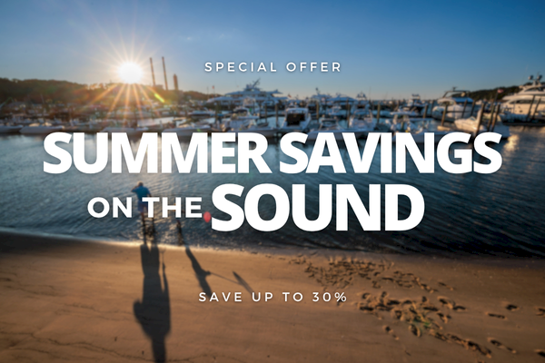 Boats in a harbor at sunset with text: “Special Offer. Summer Savings on the Sound. Save up to 30%.”