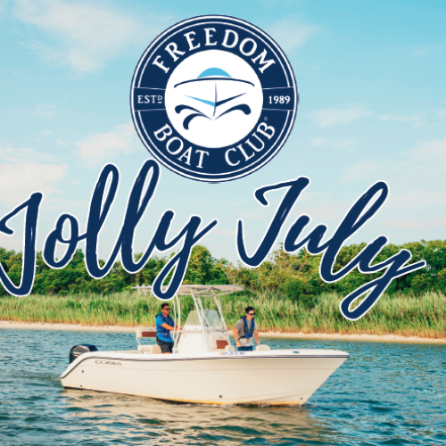 A boat on the water with two people onboard, featuring the "Freedom Boat Club" logo and the text "Jolly July" against a scenic backdrop.