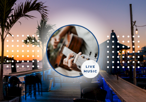 A sunset beach setting with palm trees and seating, featuring a "Live Music" circle overlay showing a person playing guitar.
