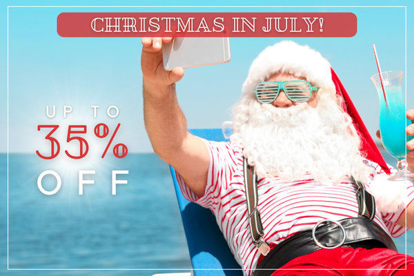 Santa relaxing by the beach with a drink, promoting "Christmas in July" with up to 35% off.