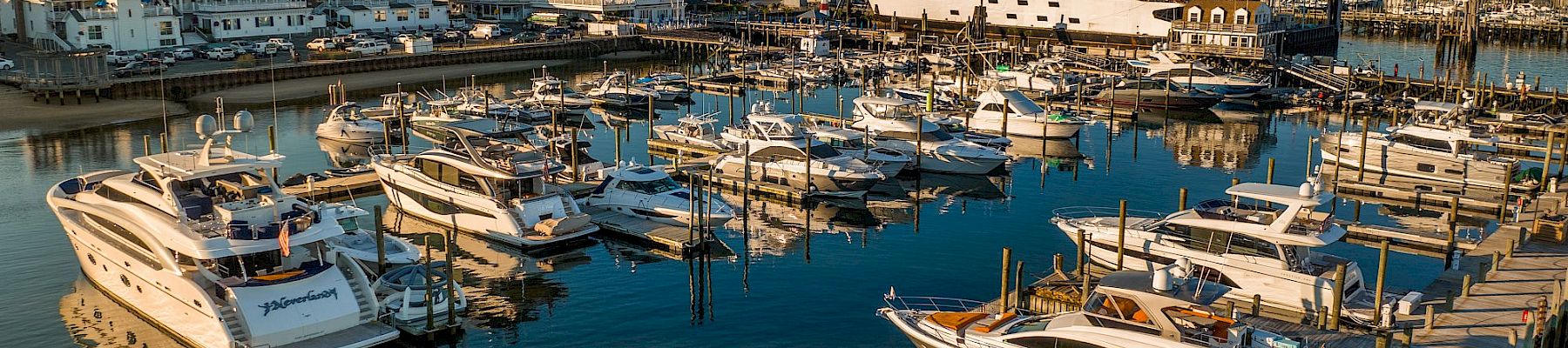 A serene marina with many docked boats and yachts, calm water reflecting the clear blue sky, and white buildings lining the harbor, vibrant and peaceful.