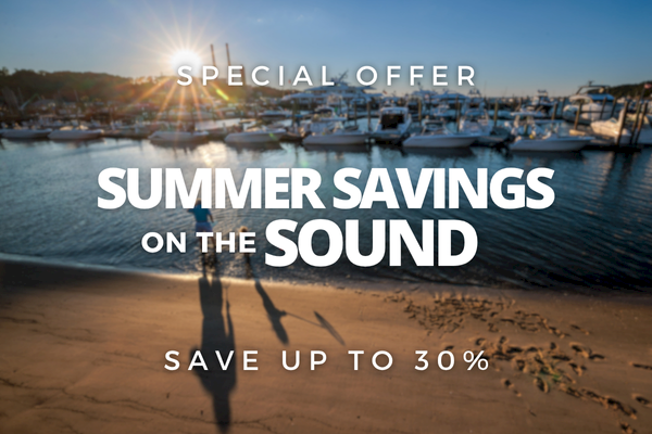 Boats at a marina during sunset with text: "Special Offer, Summer Savings on the Sound, Save up to 30%."