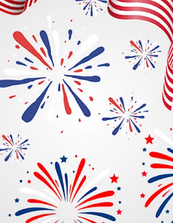 Patriotic-themed fireworks and a waving American flag in red, white, and blue.