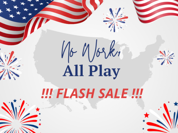 The image shows a U.S. map with "No Work, All Play !!! FLASH SALE !!!" and American flag motifs and fireworks decorations.