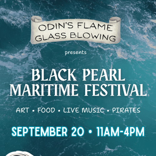The image is an advertisement for the Black Pearl Maritime Festival on September 20, 11AM-4PM, featuring art, food, live music, and pirates.