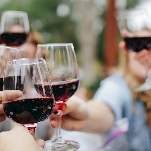 People raising glasses of red wine in a toast, celebrating together outdoors with a blurred background.