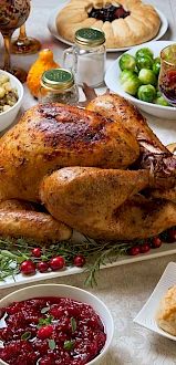 A festive meal with roast turkey, cranberries, rolls, vegetables, and assorted decorations, likely for a Thanksgiving celebration.
