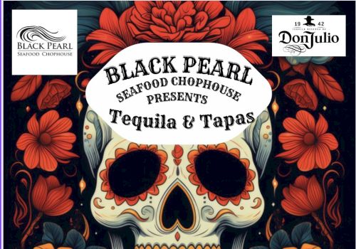 A skull centerpiece framed by red flowers invites Tequila & Tapas at Black Pearl Seafood & Lounge, Wed Dec 3rd 6 PM—$125 per person.