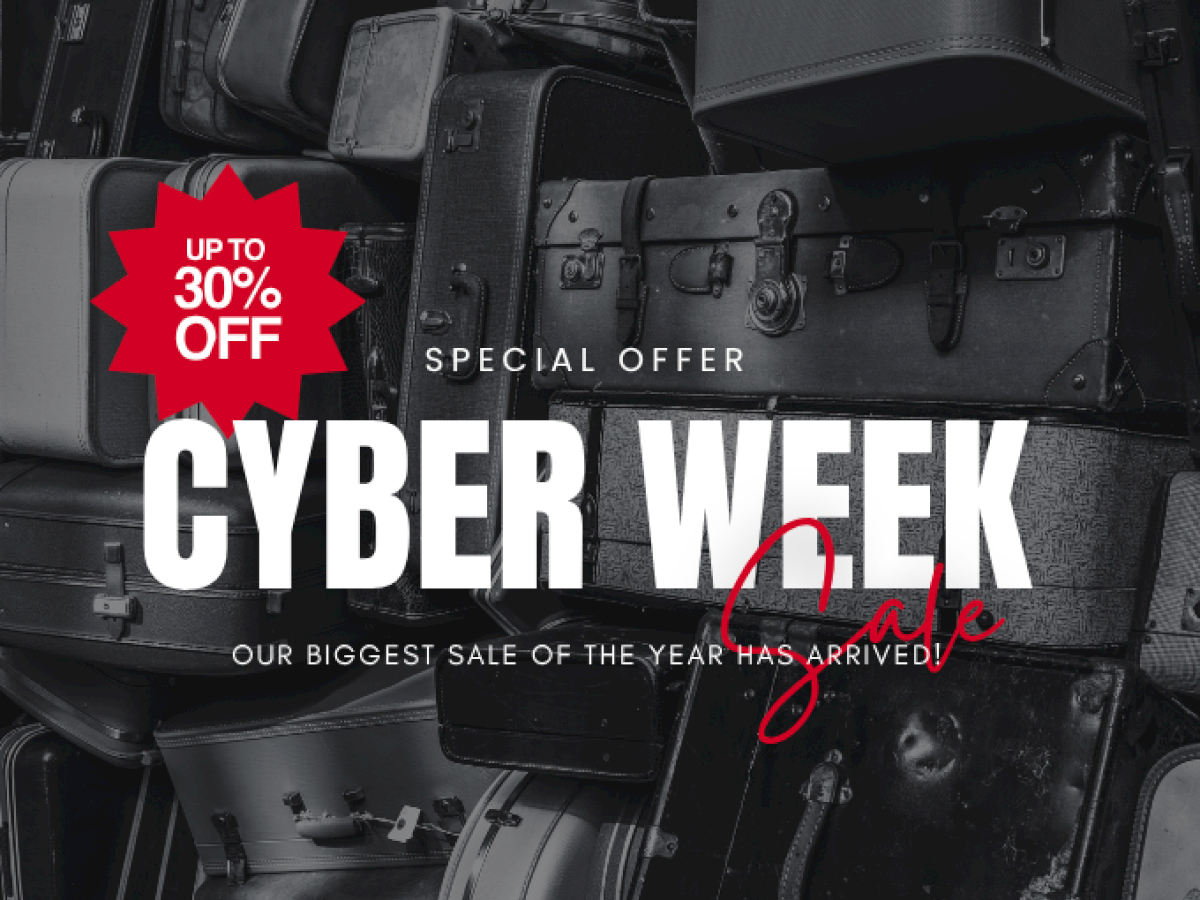 Stacks of suitcases with a "Special Offer Cyber Week Sale" text, advertising up to 30% off.