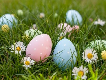 Colorful Easter eggs nestled in green grass with small white daisies, pastel polka dots, and a bright spring vibe.